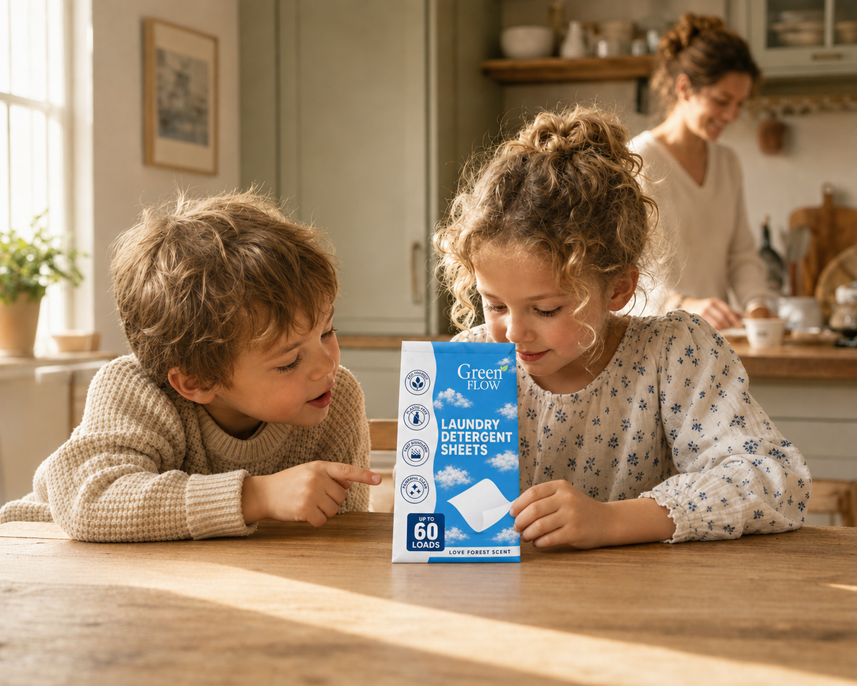 Two kids looking at a GreenFlow laundry sheets envelope