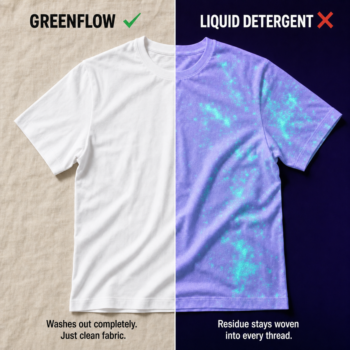 UV light comparison of shirt washed with GreenFlow vs liquid detergent