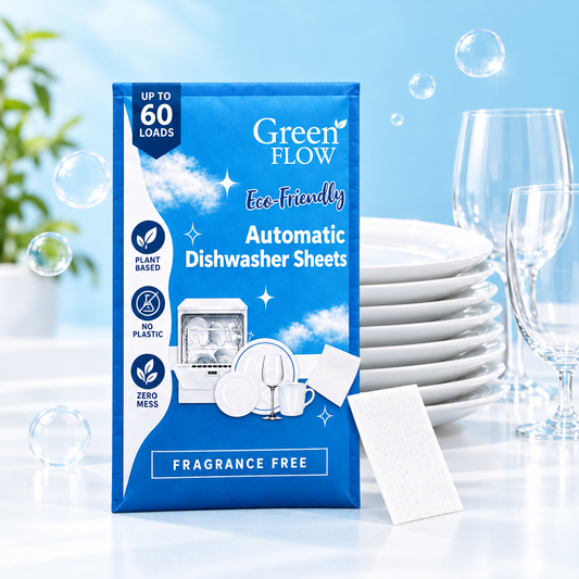 GreenFlow dishwasher envelope with sparkling plates and glasses