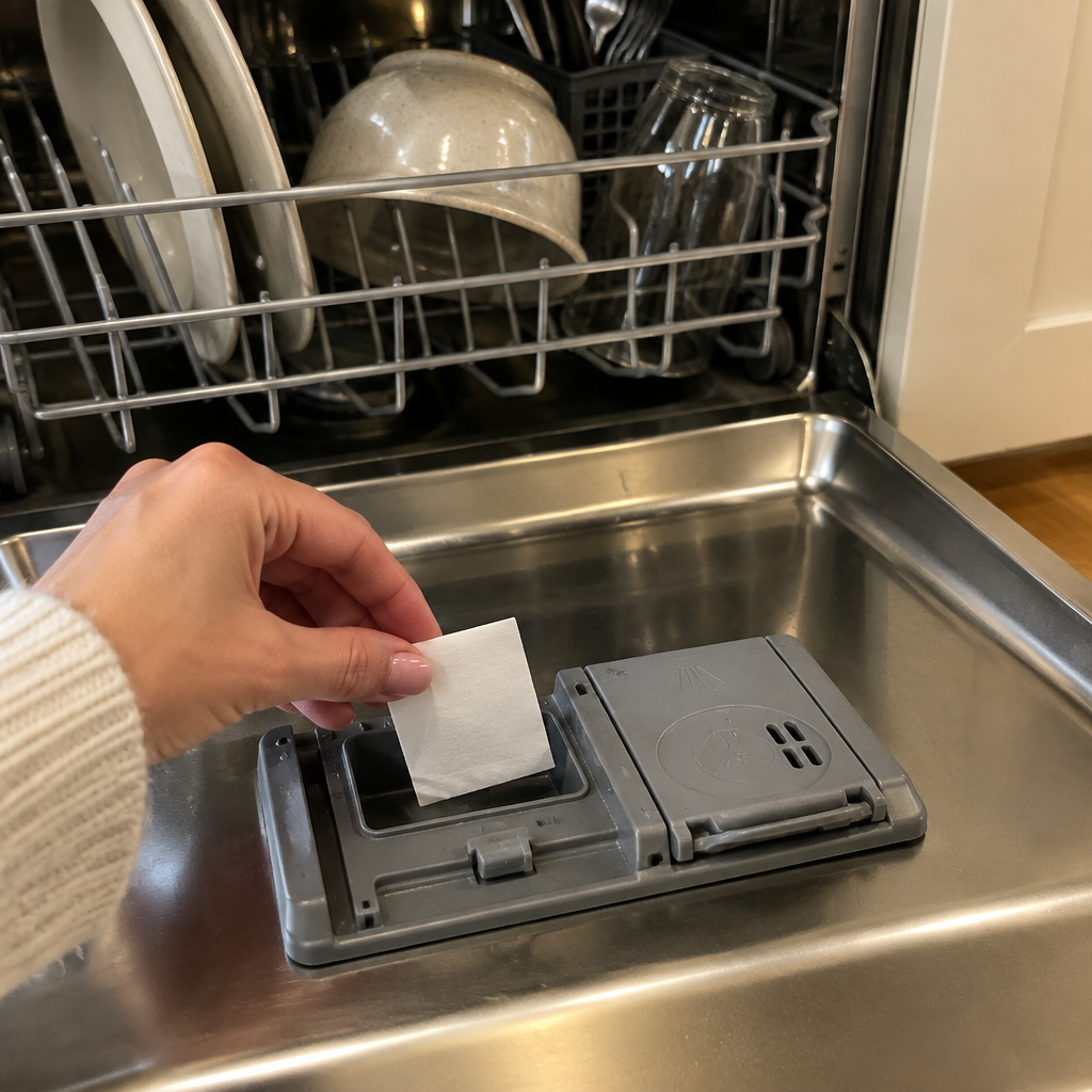 Placing a GreenFlow sheet in the dishwasher detergent compartment