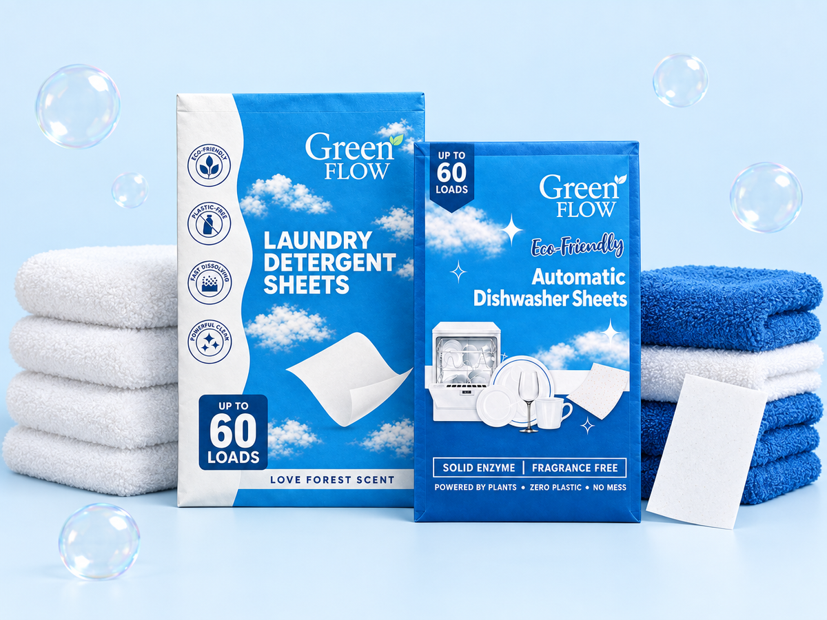 GreenFlow laundry and dishwasher envelope packs with folded towels