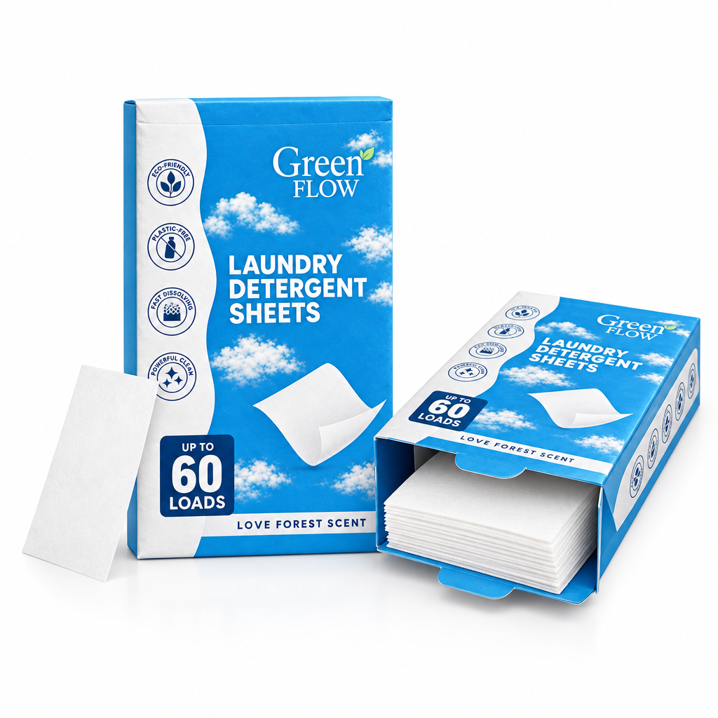 Open GreenFlow envelope showing detergent sheets