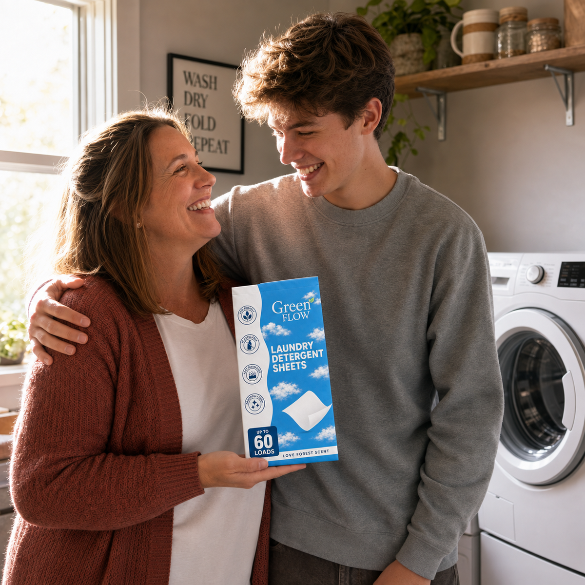 Mother and son in laundry room holding GreenFlow laundry sheets envelope
